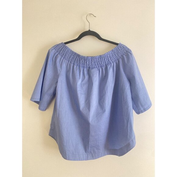 NWT NY&C 7th Avenue Oxford Blue Off-the-Shoulder Smocked Women’s Blouse Size L - Picture 2 of 6